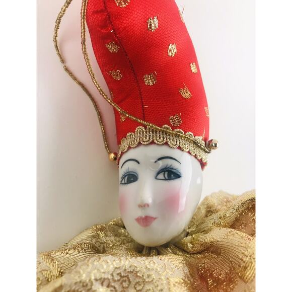 Porcelain Face COURT JESTER Ornament Cushion Ribbon Gold Red Clown Pink Cheeks - Picture 4 of 8
